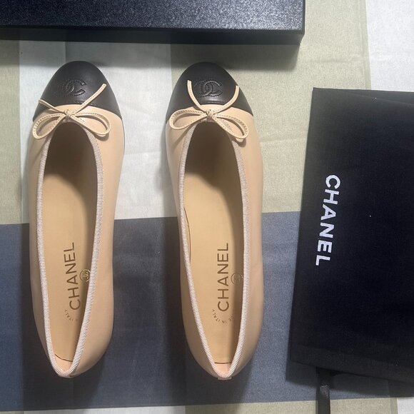 Chanel Beige and Black Ballet Loafers - Picture 1 of 5
